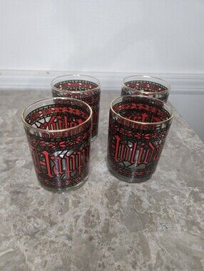 Vintage 1970s Houze stained glass "Happy Holidays" lowball bar glasses- set of 4
